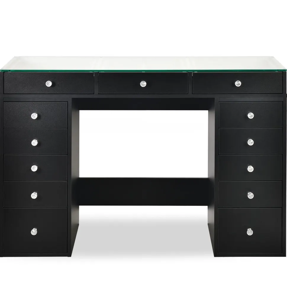 Coiffeuse moderne avec 13 tiroirs et plateau en verre transparent L120cm Probeauty Noir