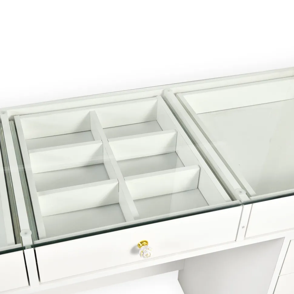 Coiffeuse moderne avec 13 tiroirs et plateau en verre transparent L120cm Probeauty Blanc