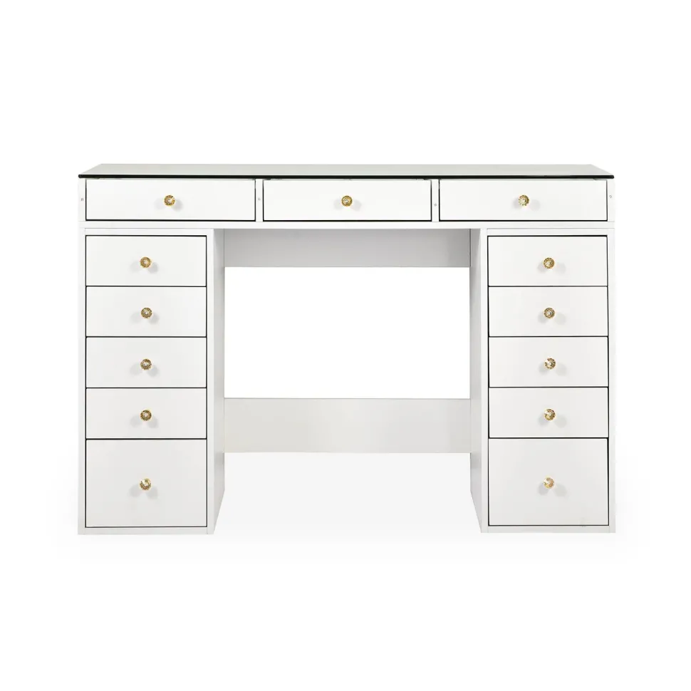 Coiffeuse moderne avec 13 tiroirs et plateau en verre transparent L120cm Probeauty Blanc
