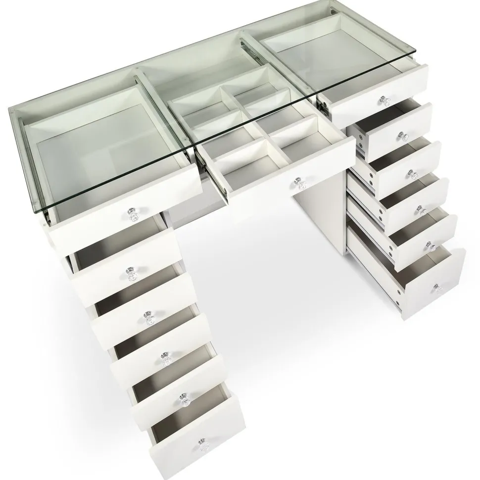 Coiffeuse moderne avec 13 tiroirs et plateau en verre transparent L120cm Probeauty Blanc