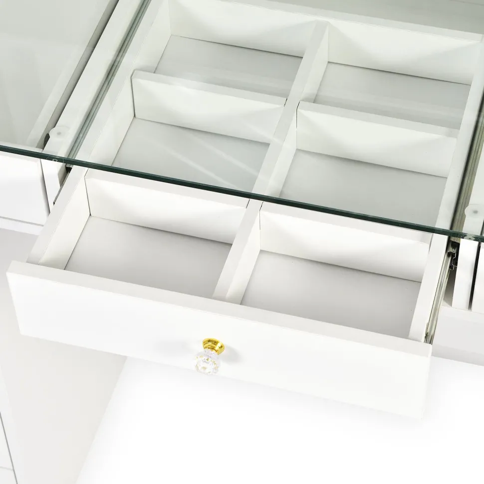 Coiffeuse moderne avec 13 tiroirs et plateau en verre transparent L120cm Probeauty Blanc