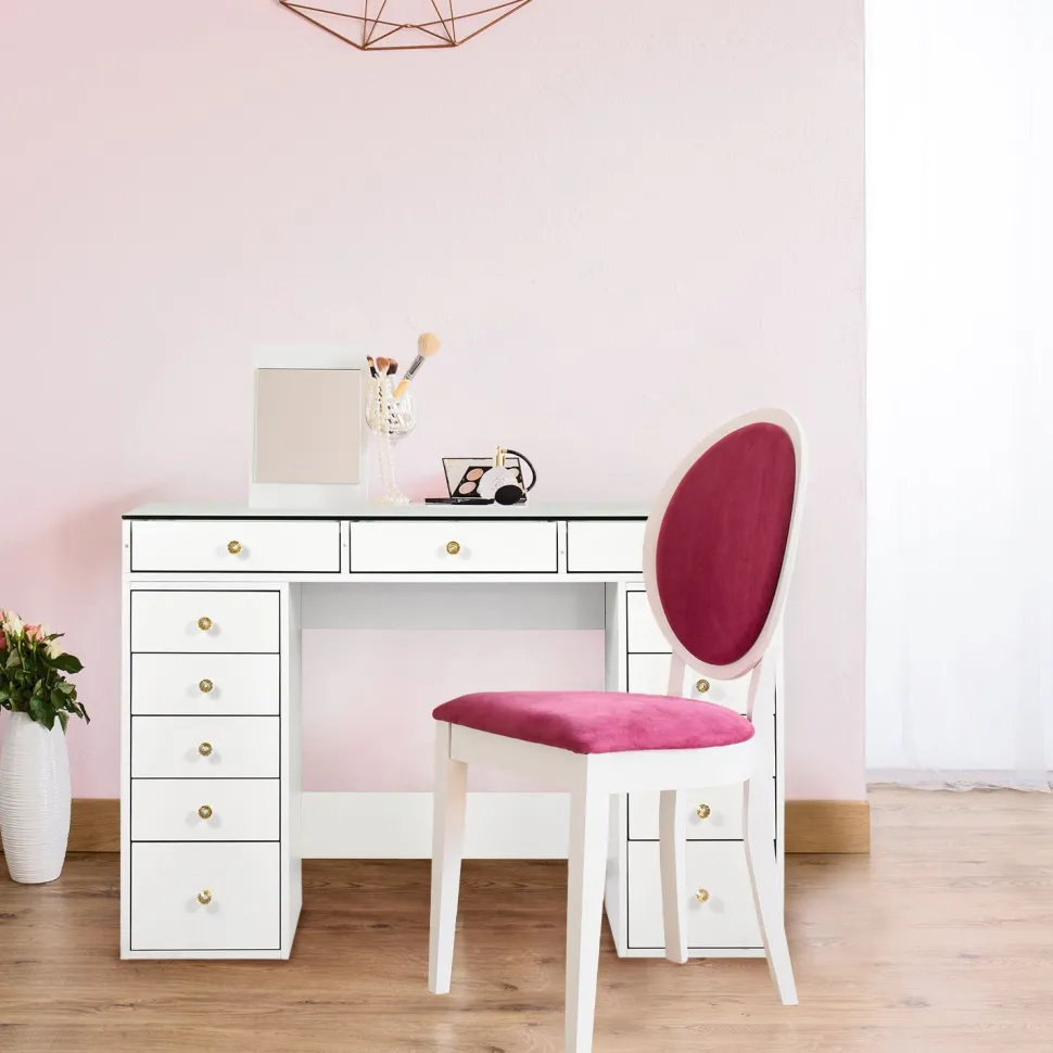 Coiffeuse moderne avec 13 tiroirs et plateau en verre transparent L120cm Probeauty Blanc