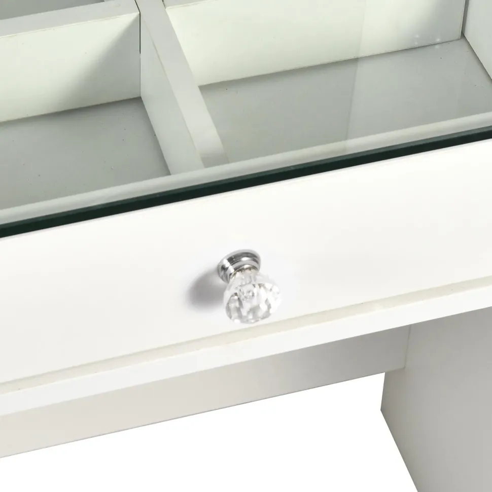 Coiffeuse moderne avec 13 tiroirs et plateau en verre transparent L120cm Probeauty Blanc