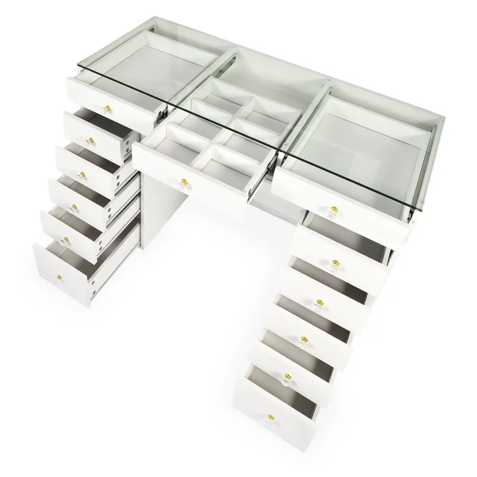 Coiffeuse moderne avec 13 tiroirs et plateau en verre transparent L120cm Probeauty Blanc