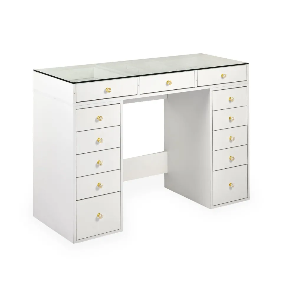 Coiffeuse moderne avec 13 tiroirs et plateau en verre transparent L120cm Probeauty Blanc
