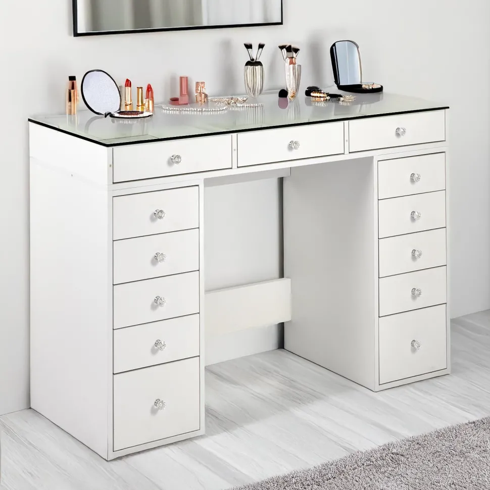 Coiffeuse moderne avec 13 tiroirs et plateau en verre transparent L120cm Probeauty Blanc