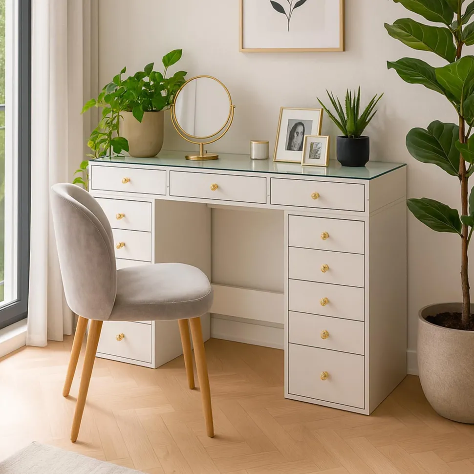 Coiffeuse moderne avec 13 tiroirs et plateau en verre transparent L120cm Probeauty Blanc