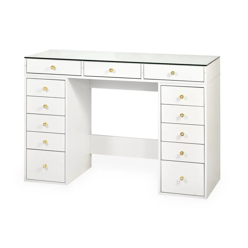 Coiffeuse moderne avec 13 tiroirs et plateau en verre transparent L120cm Probeauty Blanc