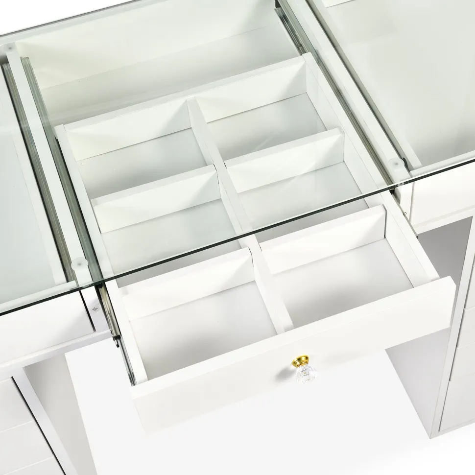 Coiffeuse moderne avec 13 tiroirs et plateau en verre transparent L120cm Probeauty Blanc