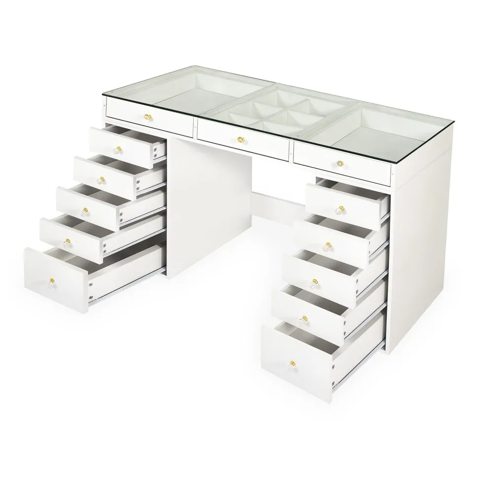 Coiffeuse moderne avec 13 tiroirs et plateau en verre transparent L120cm Probeauty Blanc