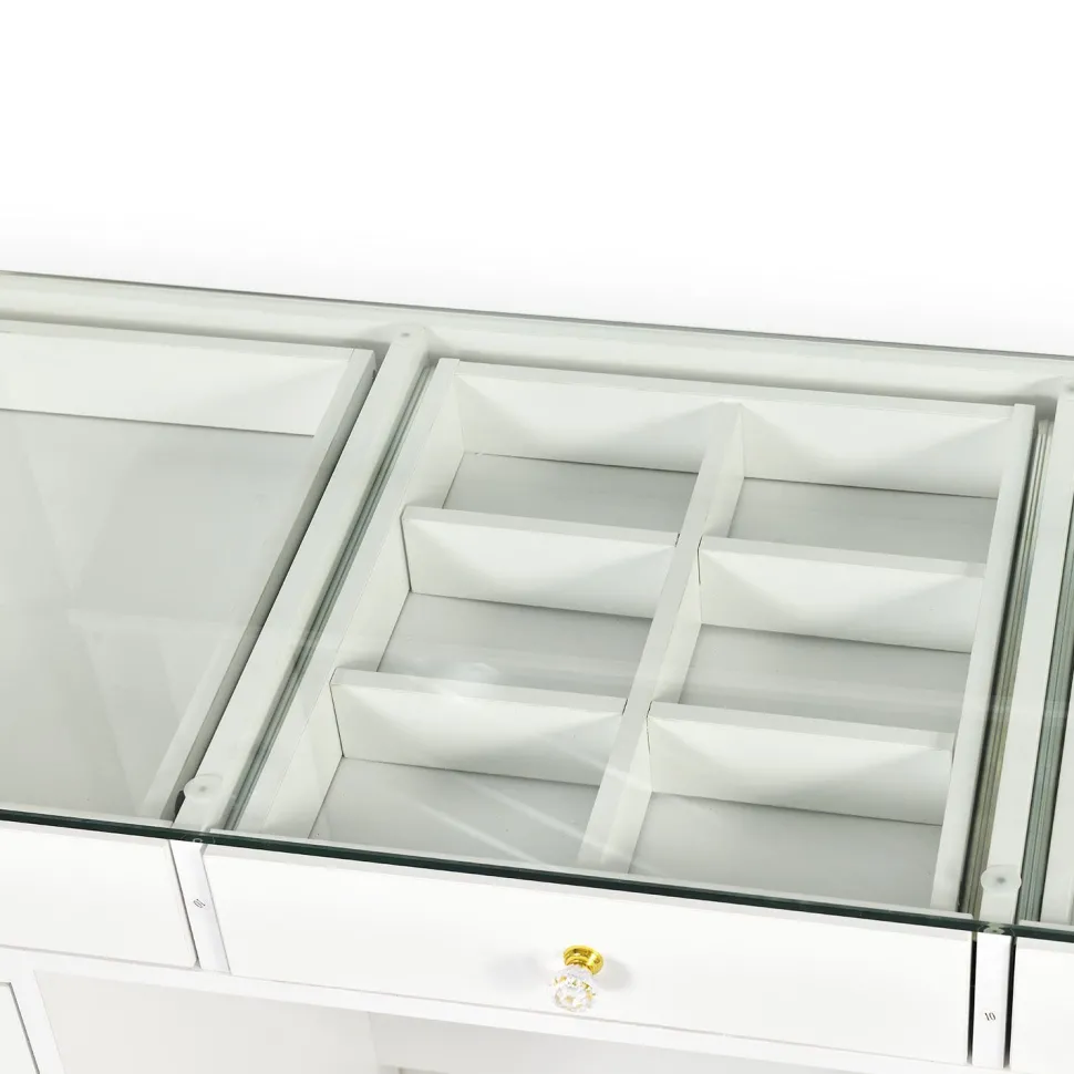Coiffeuse moderne avec 13 tiroirs et plateau en verre transparent L120cm Probeauty Blanc