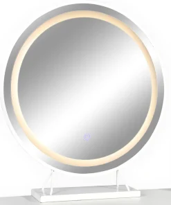 Coiffeuse moderne avec miroir rond lumineux Oracle L90cm Blanc et Or
