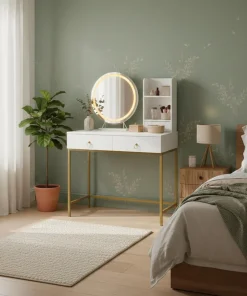 Coiffeuse moderne avec miroir rond lumineux Oracle L90cm Blanc et Or