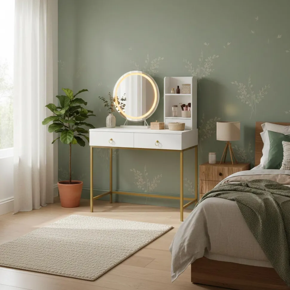 Coiffeuse moderne avec miroir rond lumineux Oracle L90cm Blanc et Or