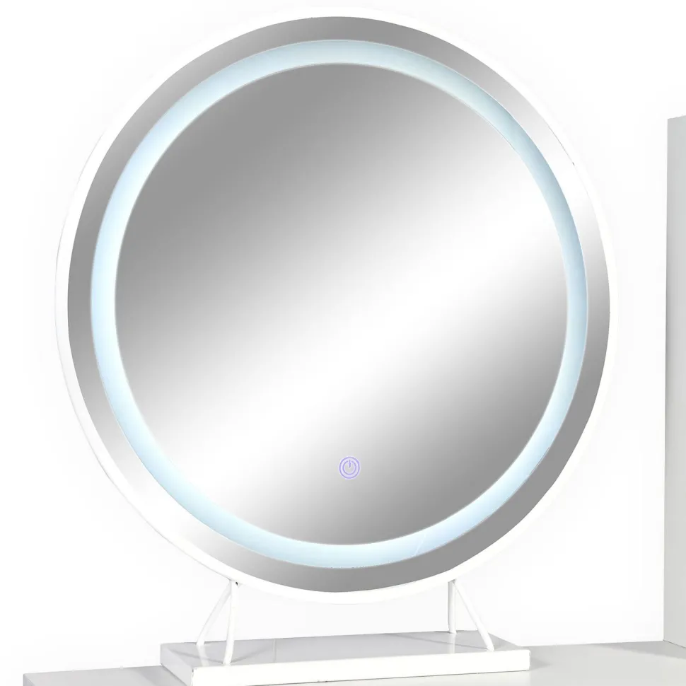 Coiffeuse moderne avec miroir rond lumineux Oracle L90cm Blanc et Or