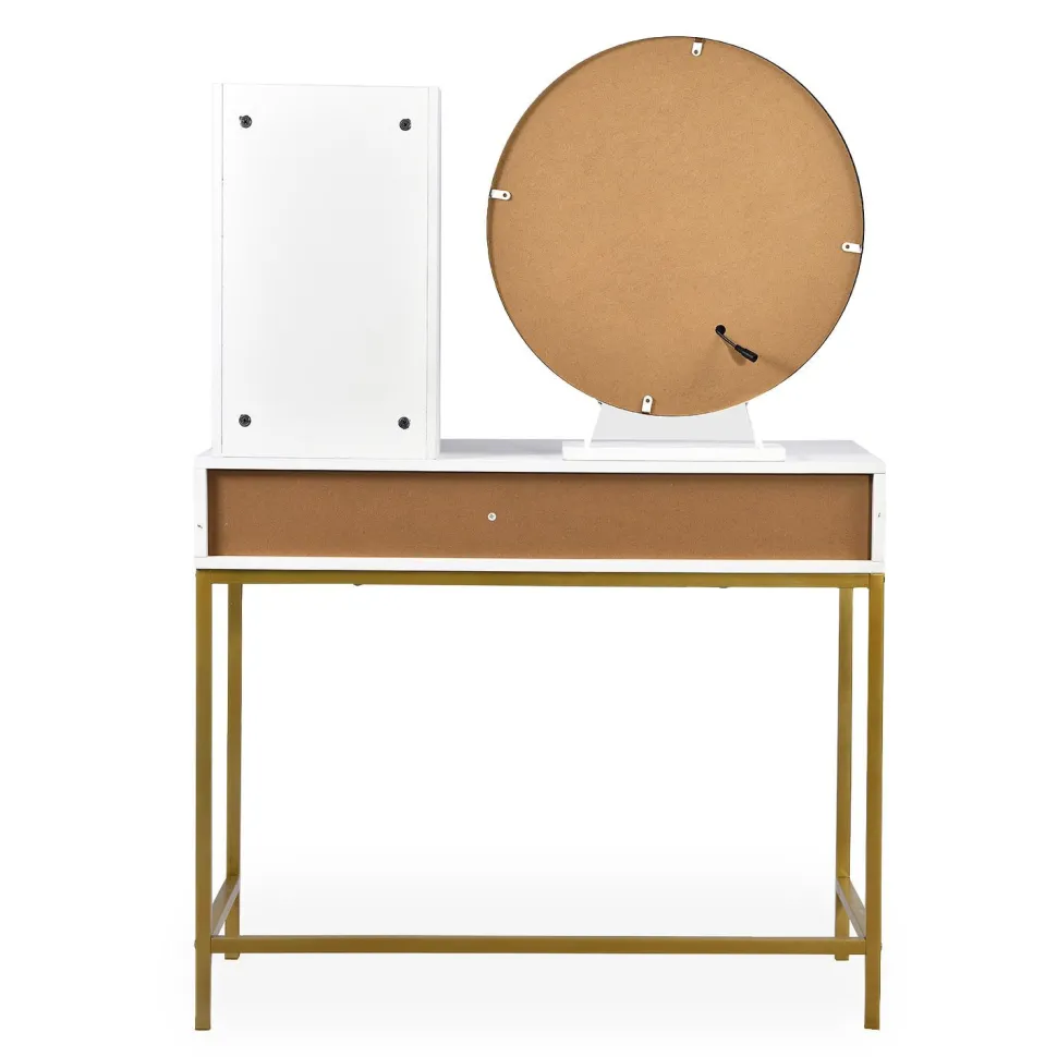Coiffeuse moderne avec miroir rond lumineux Oracle L90cm Blanc et Or