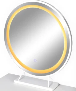 Coiffeuse moderne avec miroir rond lumineux Oracle L90cm Blanc et Or