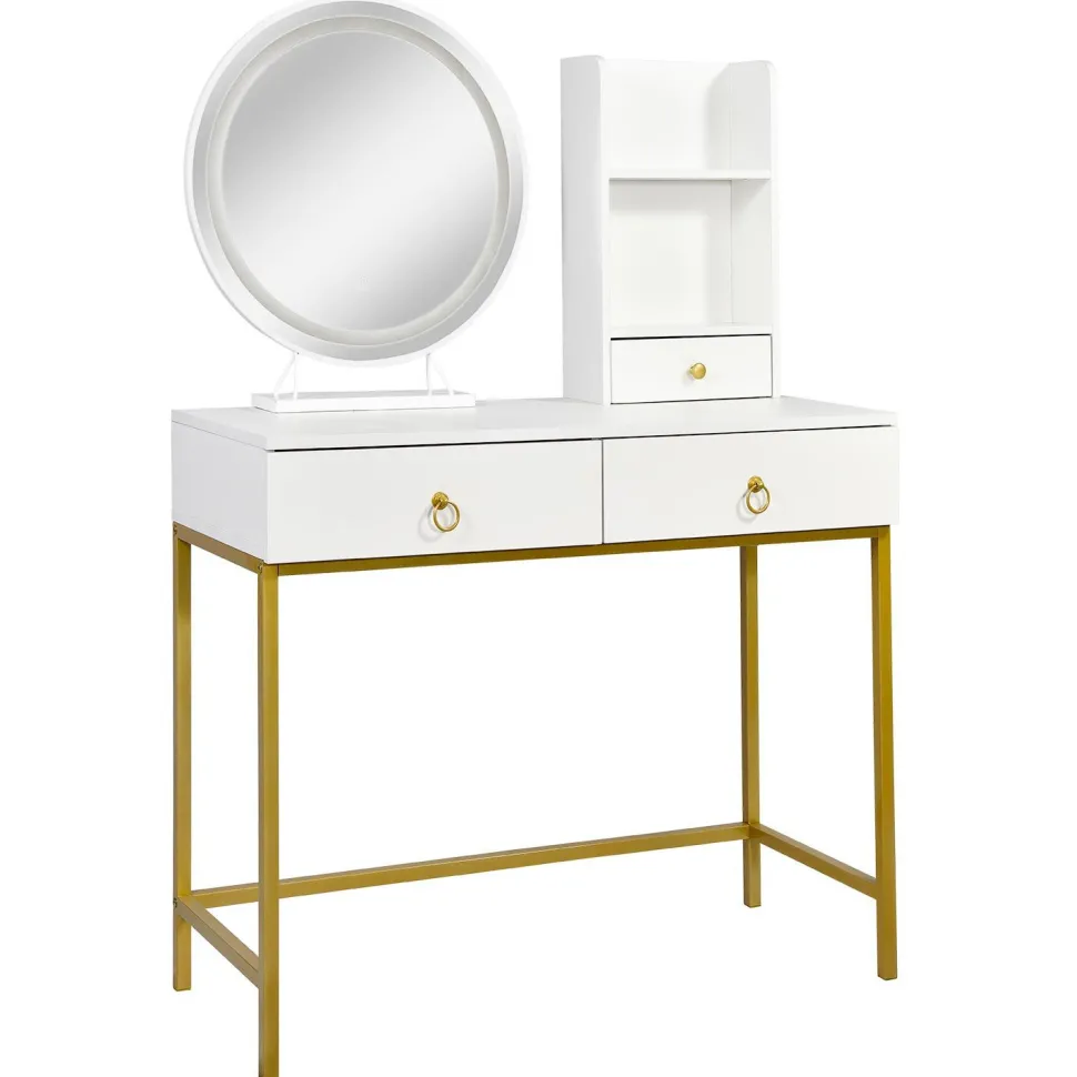 Coiffeuse moderne avec miroir rond lumineux Oracle L90cm Blanc et Or