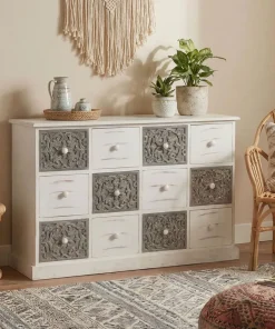 Commode 12 Tiroirs Changmay Bois Gris Et Blanc