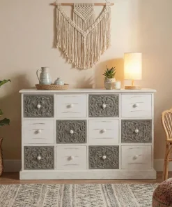 Commode 12 Tiroirs Changmay Bois Gris Et Blanc