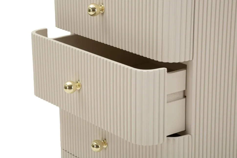 Commode Shy avec 4 tiroirs en bois et pieds en métal beiges