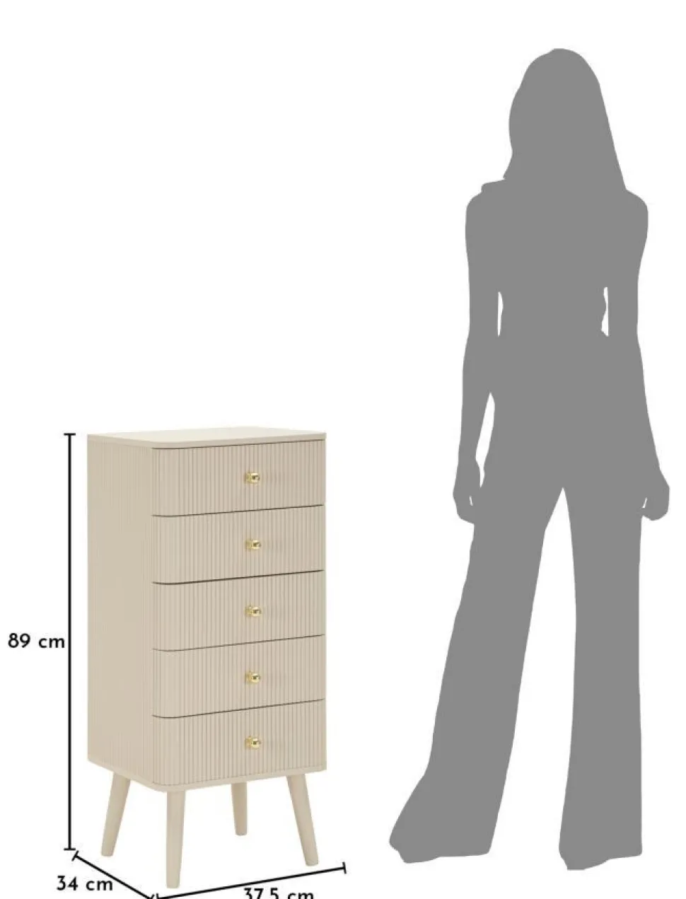 Commode Shy avec 4 tiroirs en bois et pieds en métal beiges