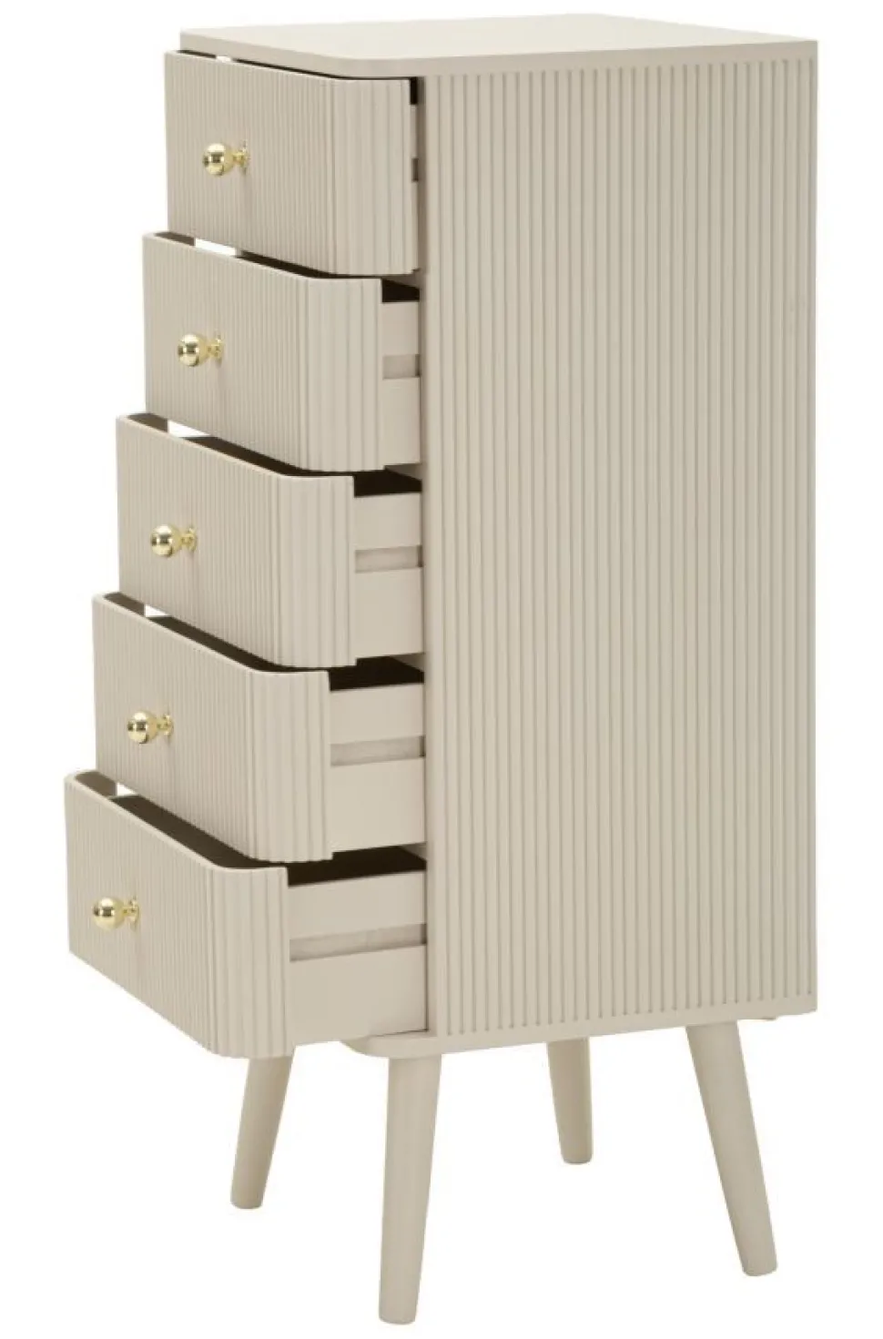 Commode Shy avec 4 tiroirs en bois et pieds en métal beiges