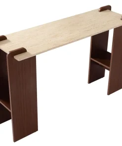 Console au design Art Déco Cezanne 40x120cm Effet travertin Beige et Bois foncé