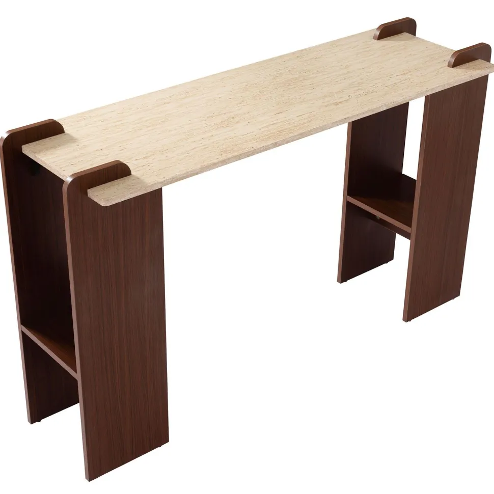 Console au design Art Déco Cezanne 40x120cm Effet travertin Beige et Bois foncé