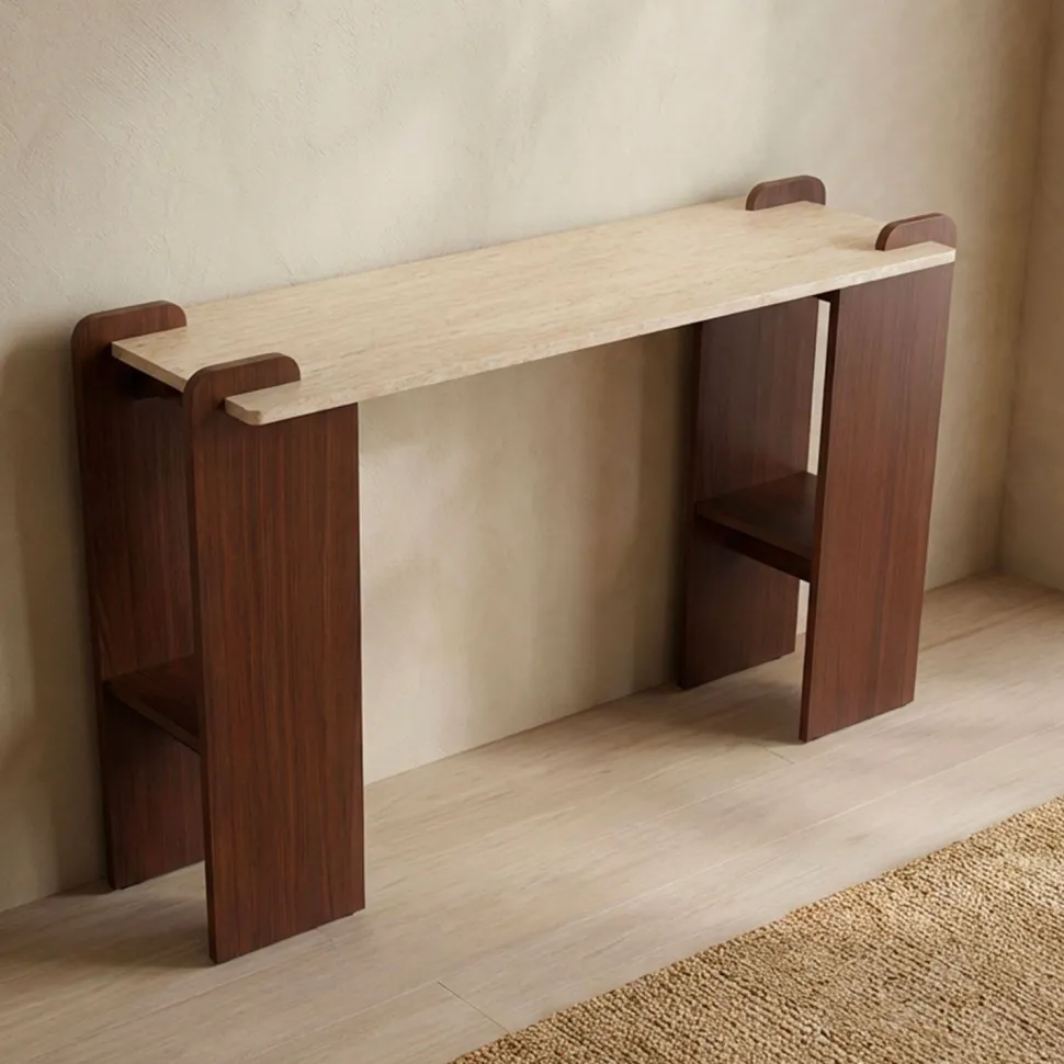 Console au design Art Déco Cezanne 40x120cm Effet travertin Beige et Bois foncé