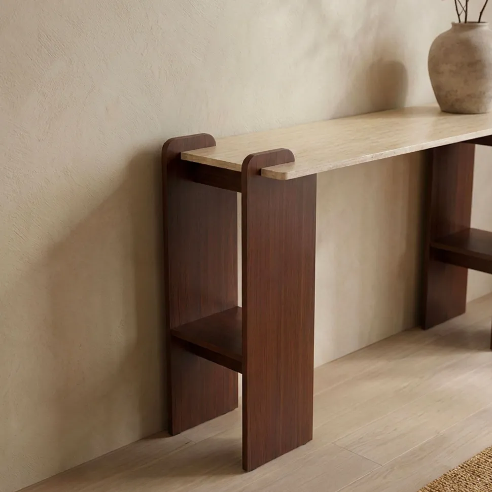 Console au design Art Déco Cezanne 40x120cm Effet travertin Beige et Bois foncé