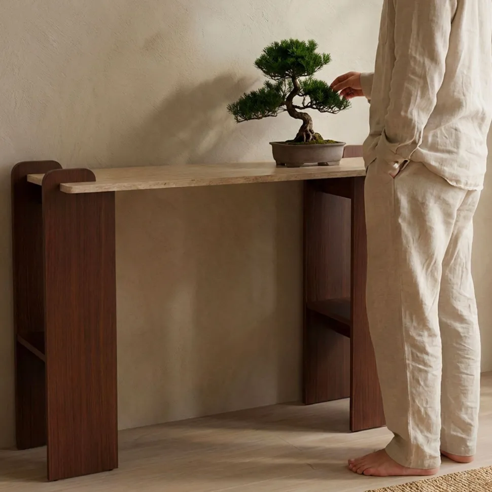 Console au design Art Déco Cezanne 40x120cm Effet travertin Beige et Bois foncé
