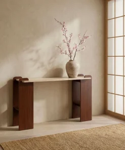 Console au design Art Déco Cezanne 40x120cm Effet travertin Beige et Bois foncé