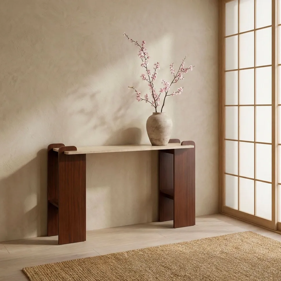 Console au design Art Déco Cezanne 40x120cm Effet travertin Beige et Bois foncé