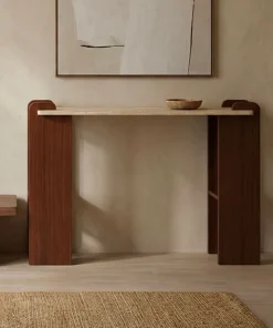 Console au design Art Déco Cezanne 40x120cm Effet travertin Beige et Bois foncé
