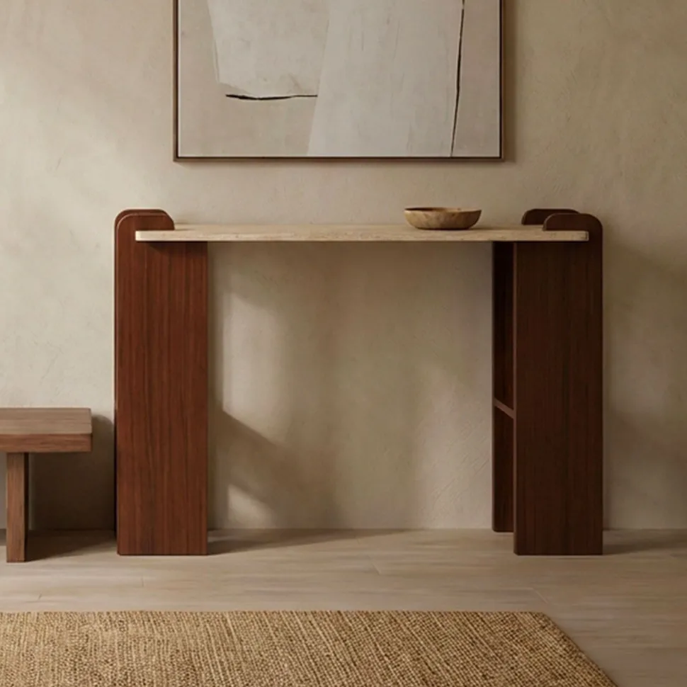 Console au design Art Déco Cezanne 40x120cm Effet travertin Beige et Bois foncé