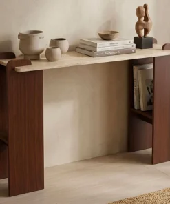 Console au design Art Déco Cezanne 40x120cm Effet travertin Beige et Bois foncé