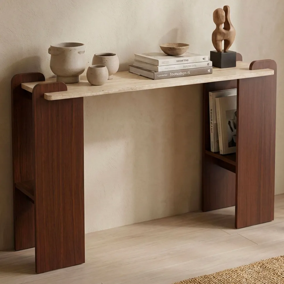 Console au design Art Déco Cezanne 40x120cm Effet travertin Beige et Bois foncé