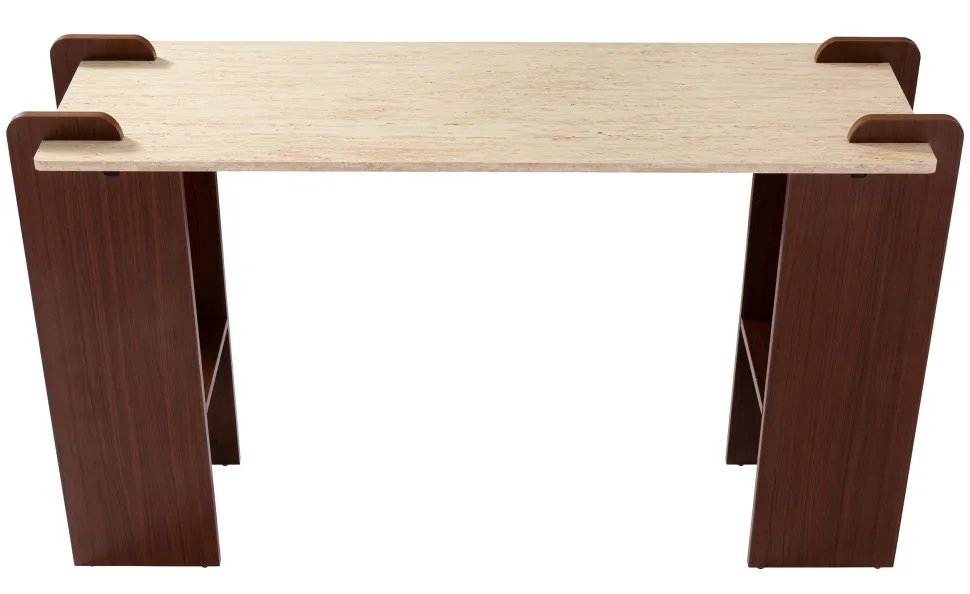 Console au design Art Déco Cezanne 40x120cm Effet travertin Beige et Bois foncé