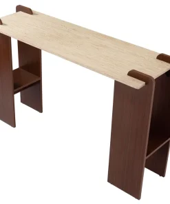 Console au design Art Déco Cezanne 40x120cm Effet travertin Beige et Bois foncé