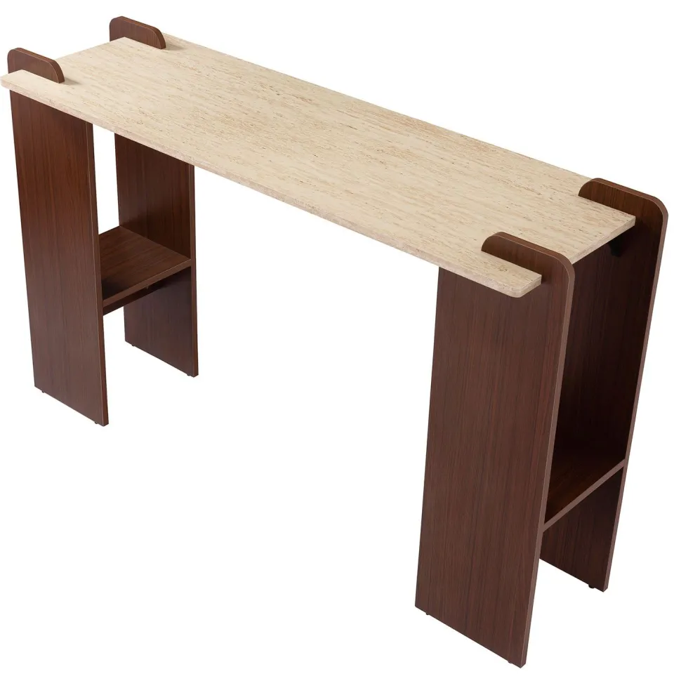 Console au design Art Déco Cezanne 40x120cm Effet travertin Beige et Bois foncé