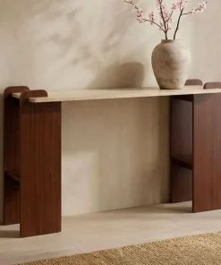 Console au design Art Déco Cezanne 40x120cm Effet travertin Beige et Bois foncé