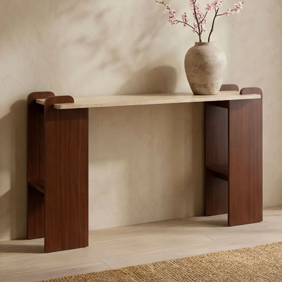 Console au design Art Déco Cezanne 40x120cm Effet travertin Beige et Bois foncé