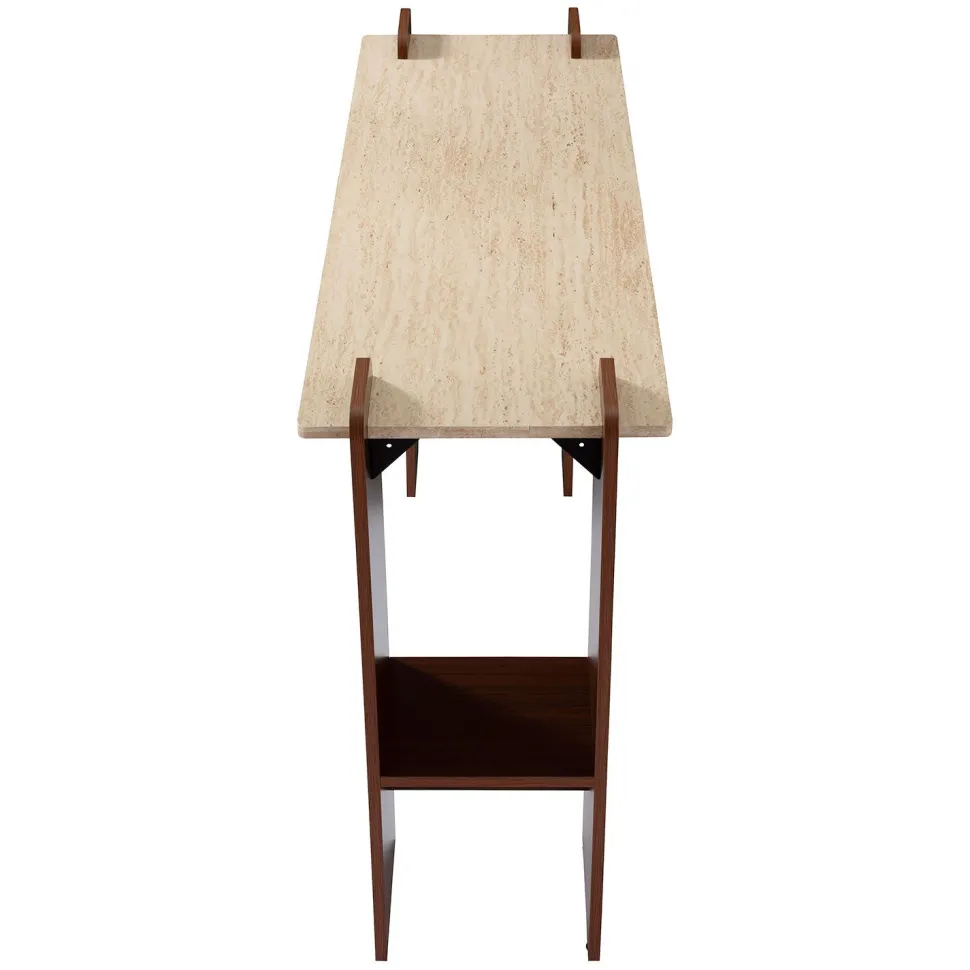 Console au design Art Déco Cezanne 40x120cm Effet travertin Beige et Bois foncé