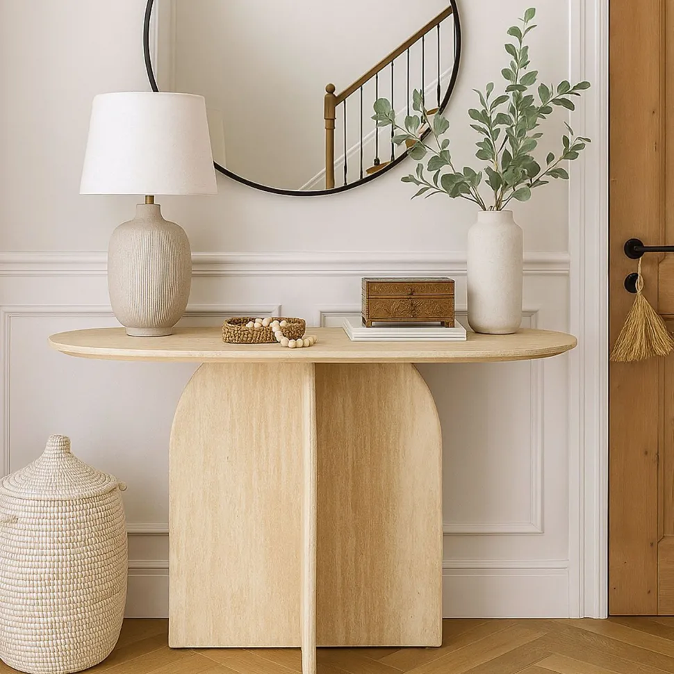 Console moderne ovale 120cm Calyptus Effet travertin Beige