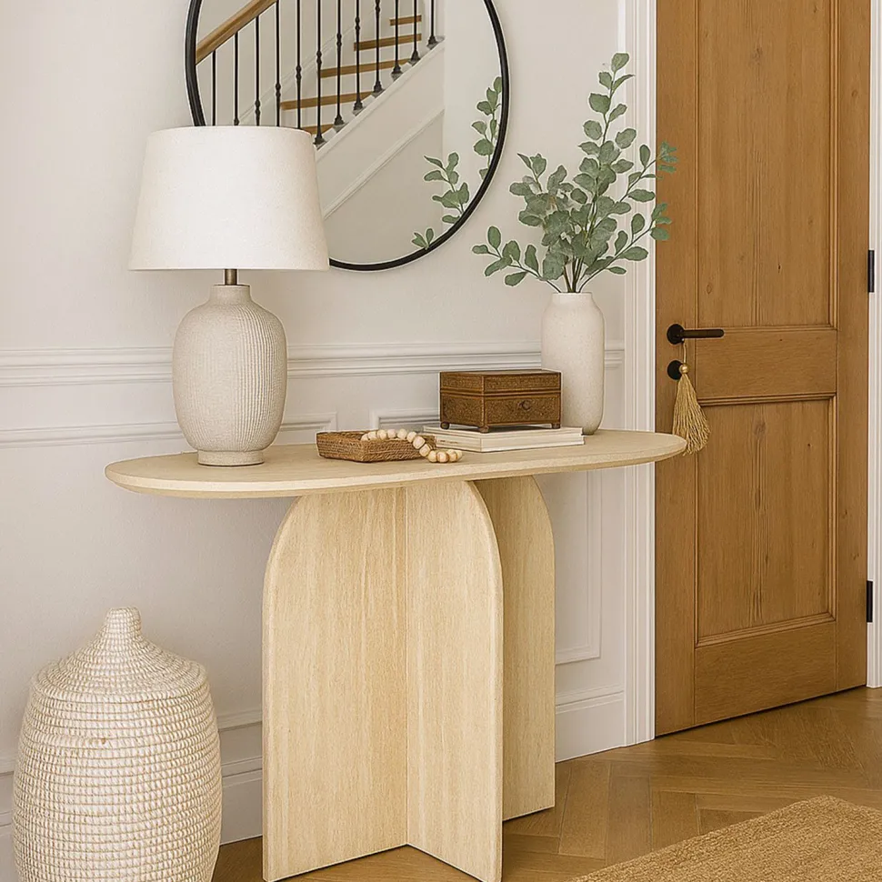 Console moderne ovale 120cm Calyptus Effet travertin Beige