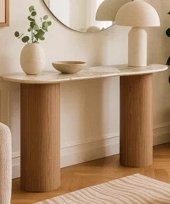 Console moderne pieds colonnes 40x120cm Eglantine Bois et Céramique Effet marbre Blanc