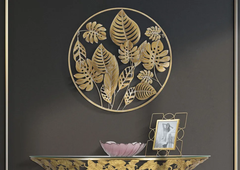 Décor mural rond 3D en métal doré avec feuilles