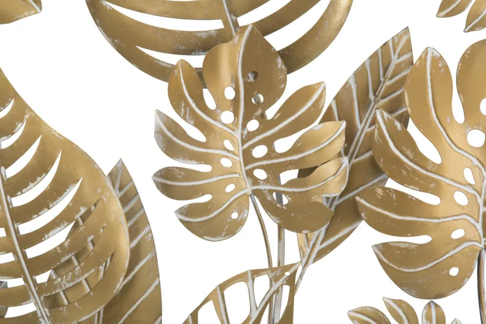 Décor mural rond 3D en métal doré avec feuilles