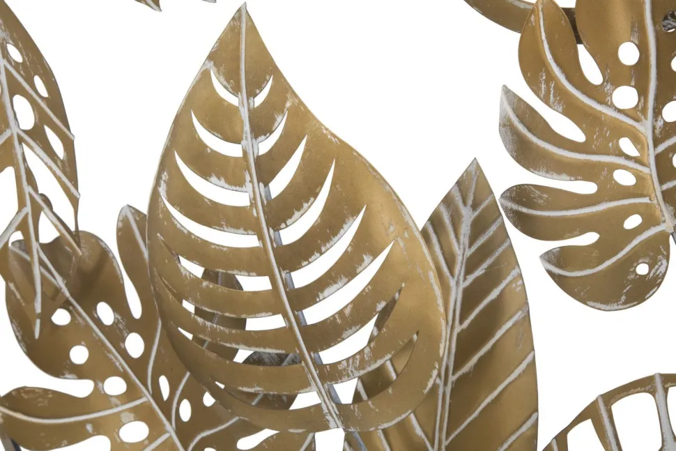 Décor mural rond 3D en métal doré avec feuilles
